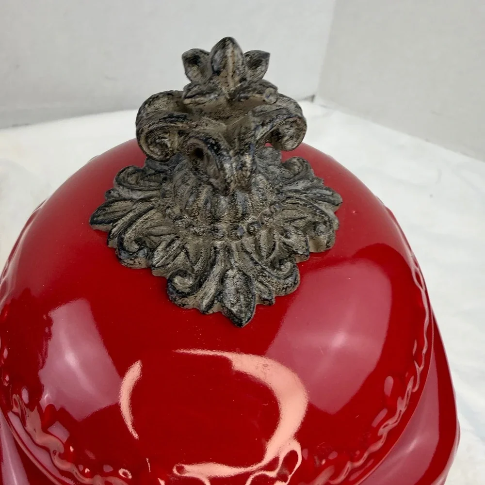 Drake Design Red Ceramic Canister Set of 3 Fleur De Lis Metal Base Kitchen Decor